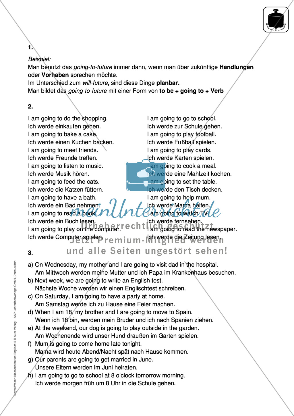Klassenarbeit going-to-future - schwer (2) - mit Lösungen Preview 3
