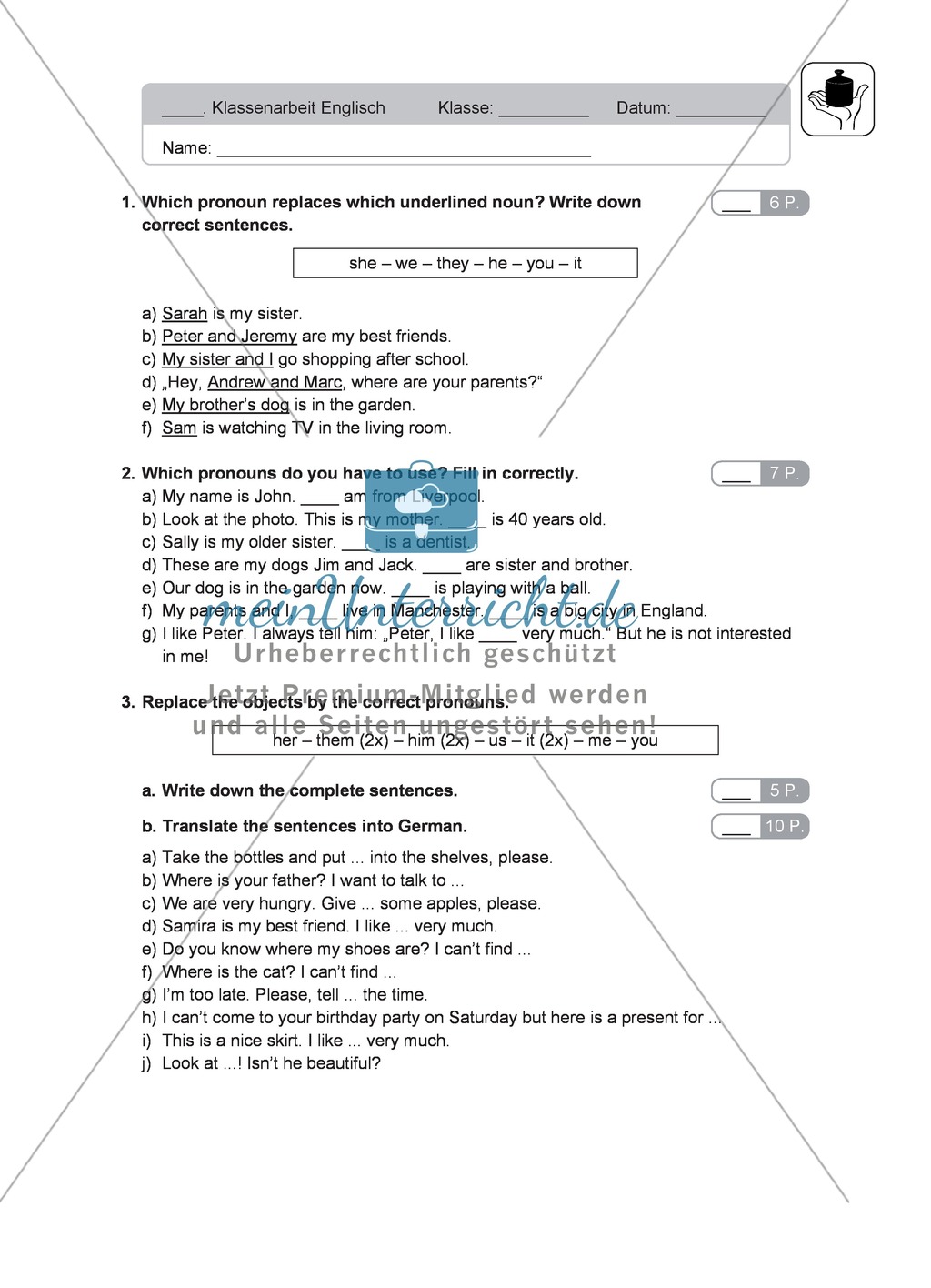 Klassenarbeit pronouns and question words - einfach (1) - mit Lösungen Preview 1