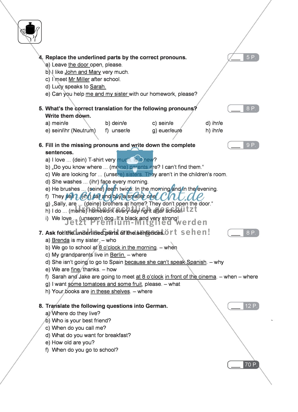 Klassenarbeit pronouns and question words - einfach (1) - mit Lösungen Preview 2