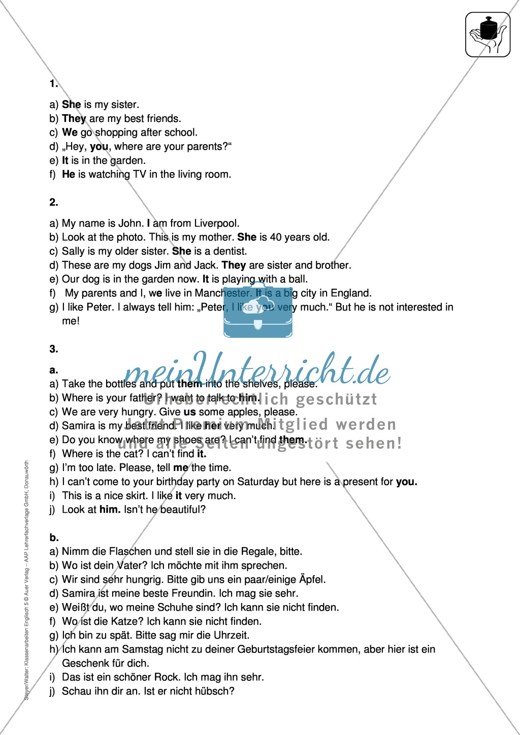 Klassenarbeit pronouns and question words - einfach (1) - mit Lösungen Preview 3