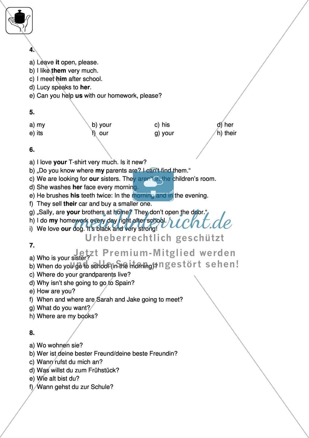 Klassenarbeit pronouns and question words - einfach (1) - mit Lösungen Preview 4