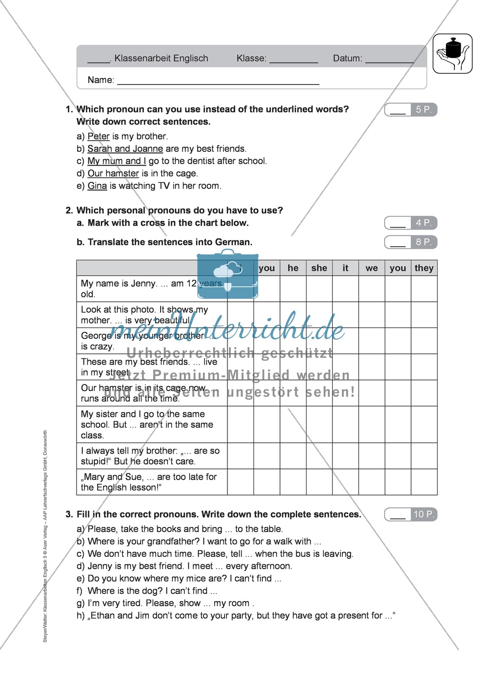 Klassenarbeit pronouns and question words - einfach (2) - mit Lösungen Preview 1