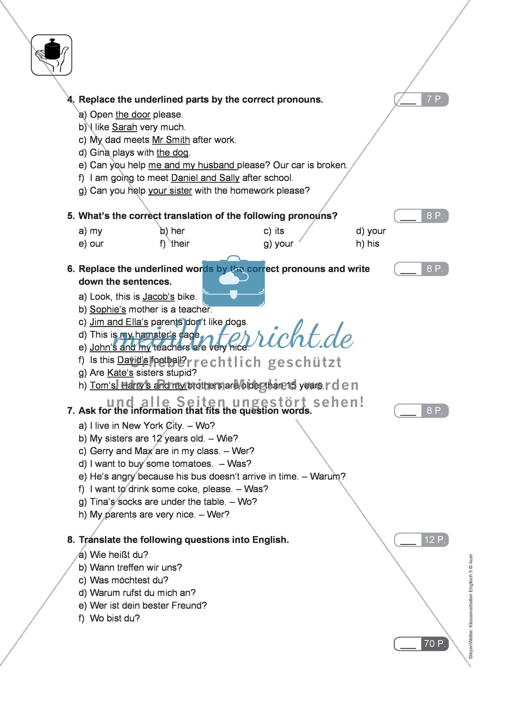 Klassenarbeit pronouns and question words - einfach (2) - mit Lösungen Preview 2