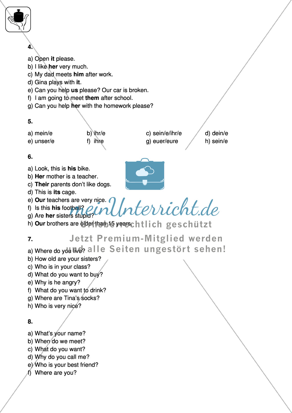 Klassenarbeit pronouns and question words - einfach (2) - mit Lösungen Preview 4