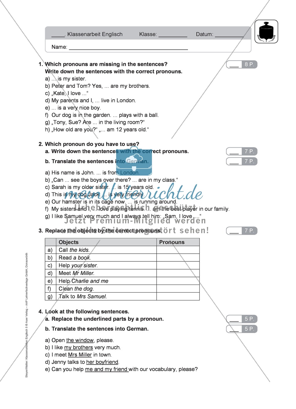 Klassenarbeit pronouns and question words - schwer (1) - mit Lösungen Preview 1