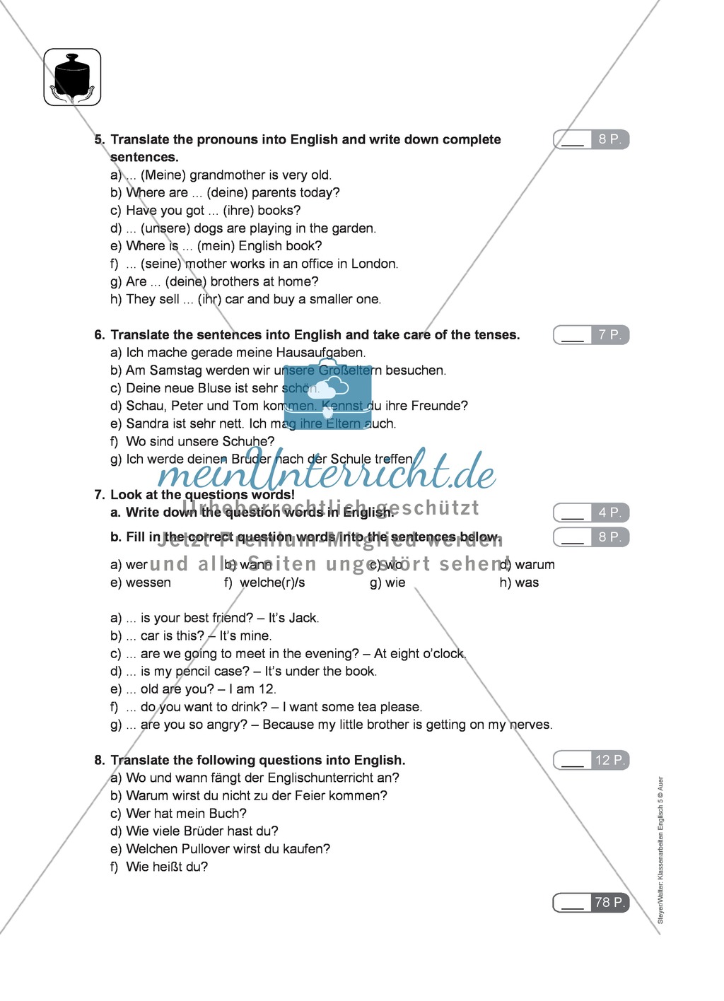 Klassenarbeit pronouns and question words - schwer (1) - mit Lösungen Preview 2