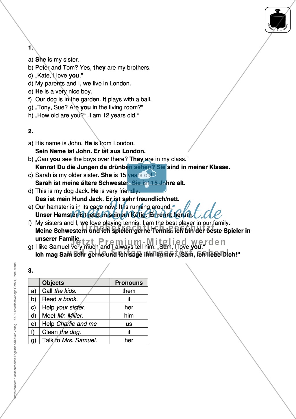 Klassenarbeit pronouns and question words - schwer (1) - mit Lösungen Preview 3