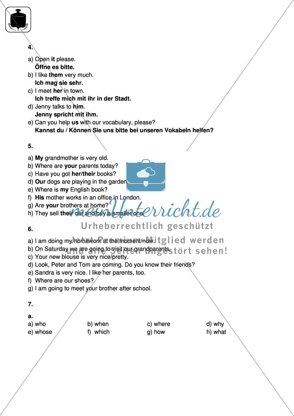 Klassenarbeit pronouns and question words - schwer (1) - mit Lösungen Preview 4