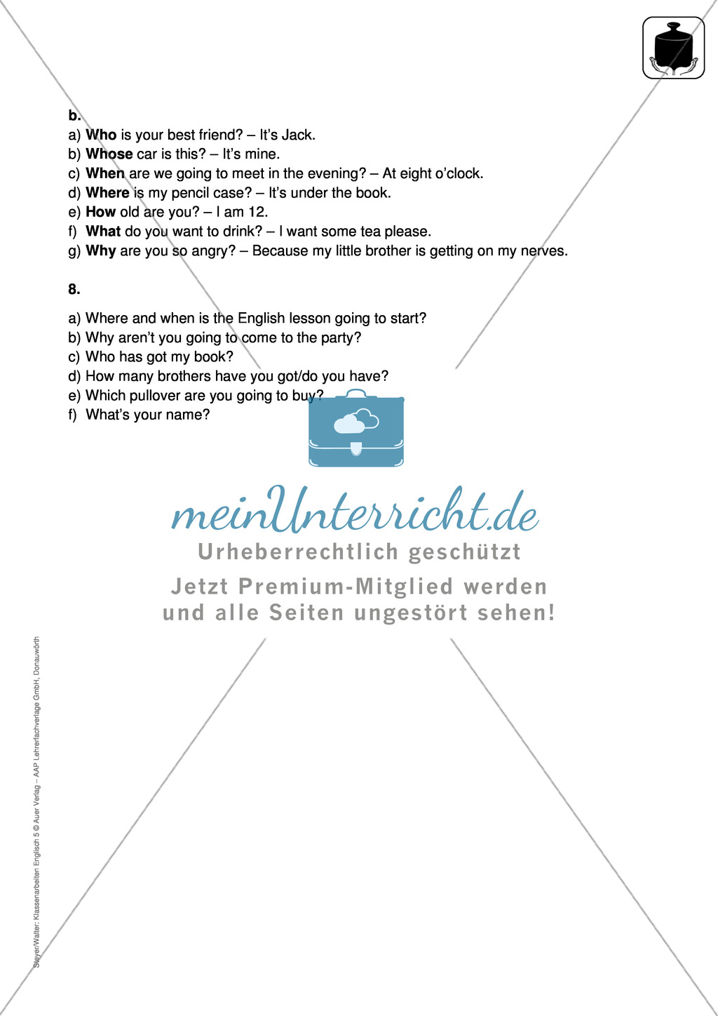 Klassenarbeit pronouns and question words - schwer (1) - mit Lösungen Preview 5