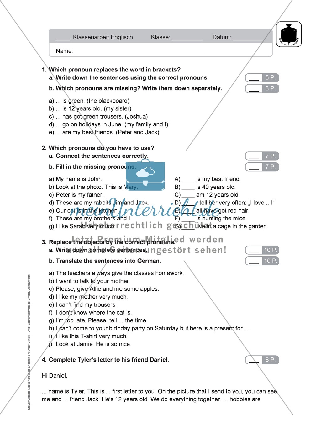 Klassenarbeit pronouns and question words - schwer (2) - mit Lösungen Preview 1