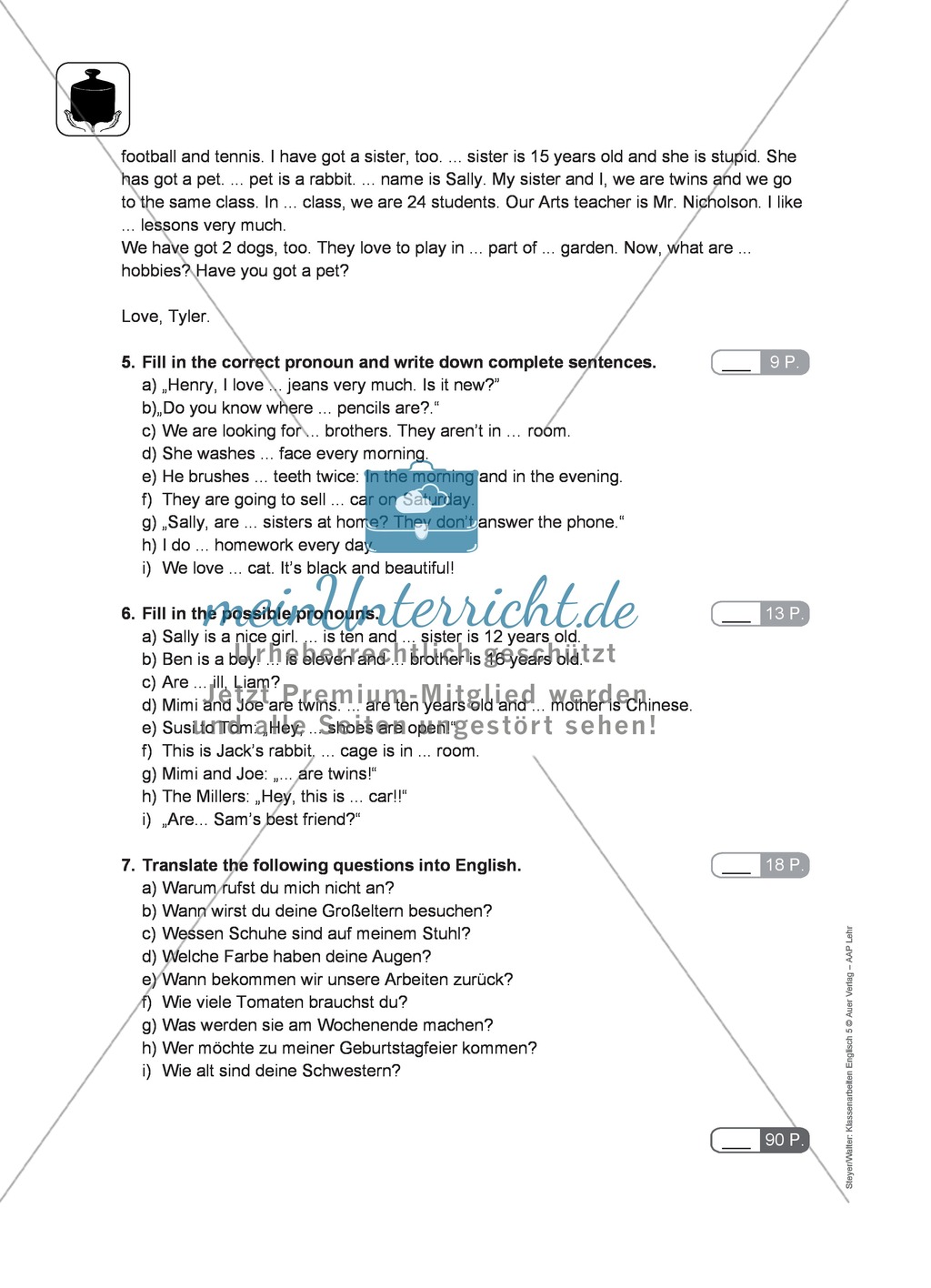 Klassenarbeit pronouns and question words - schwer (2) - mit Lösungen Preview 2