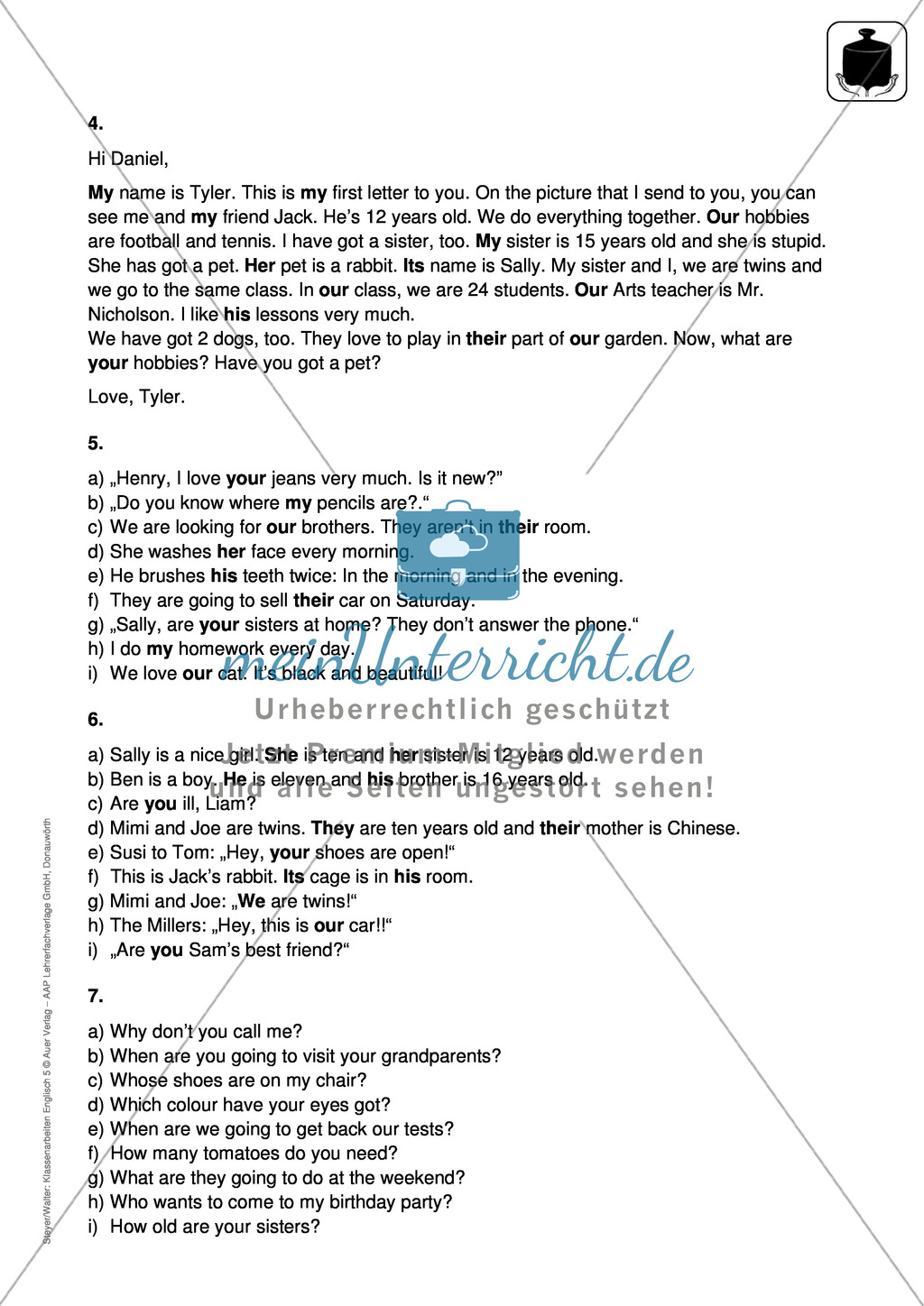 Klassenarbeit pronouns and question words - schwer (2) - mit Lösungen Preview 4