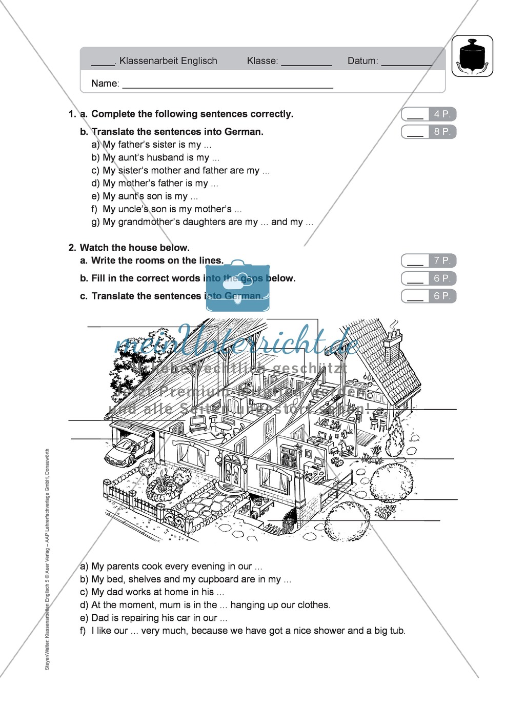 Klassenarbeit At home - schwer (1) - mit Lösungen Preview 1