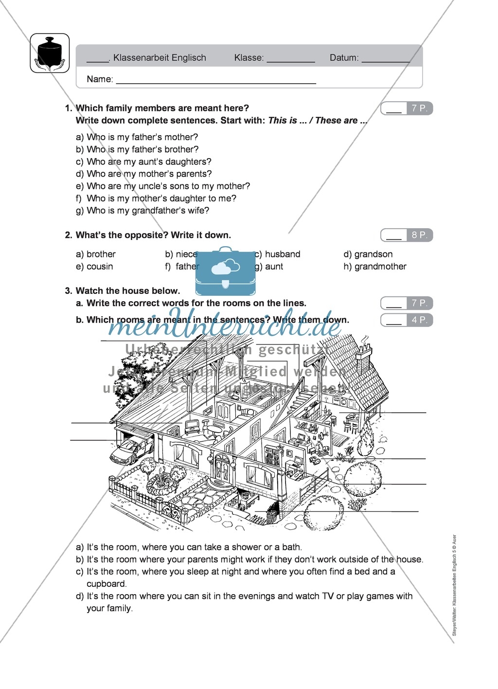 Klassenarbeit At home - schwer (2) - mit Lösungen Preview 1
