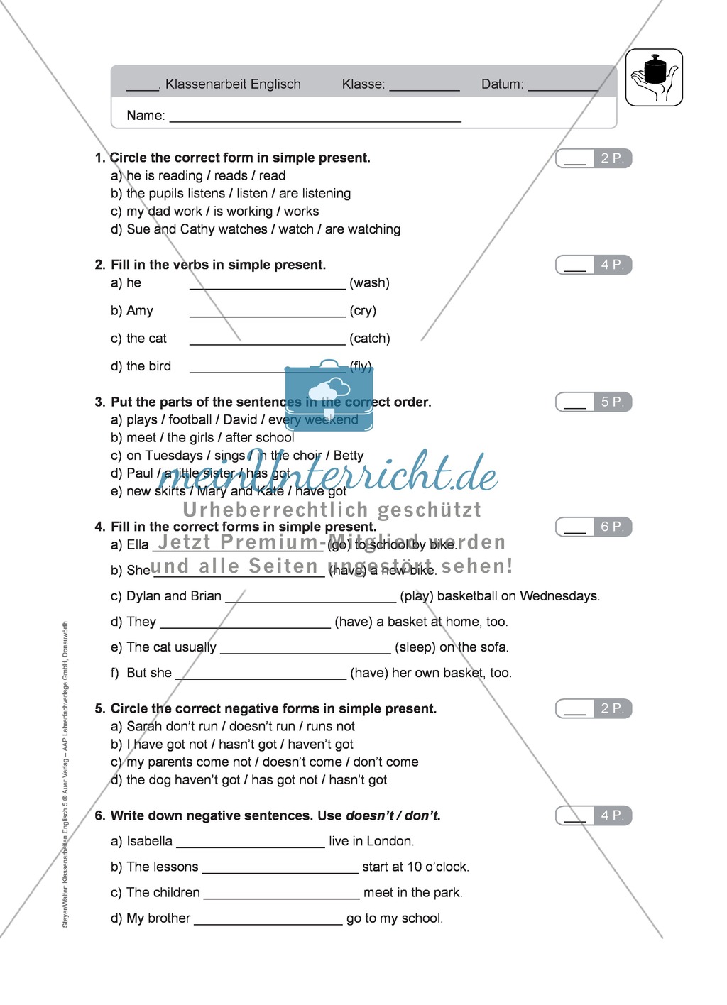 Klassenarbeit simple present - einfach (1) - mit Lösungen Preview 1