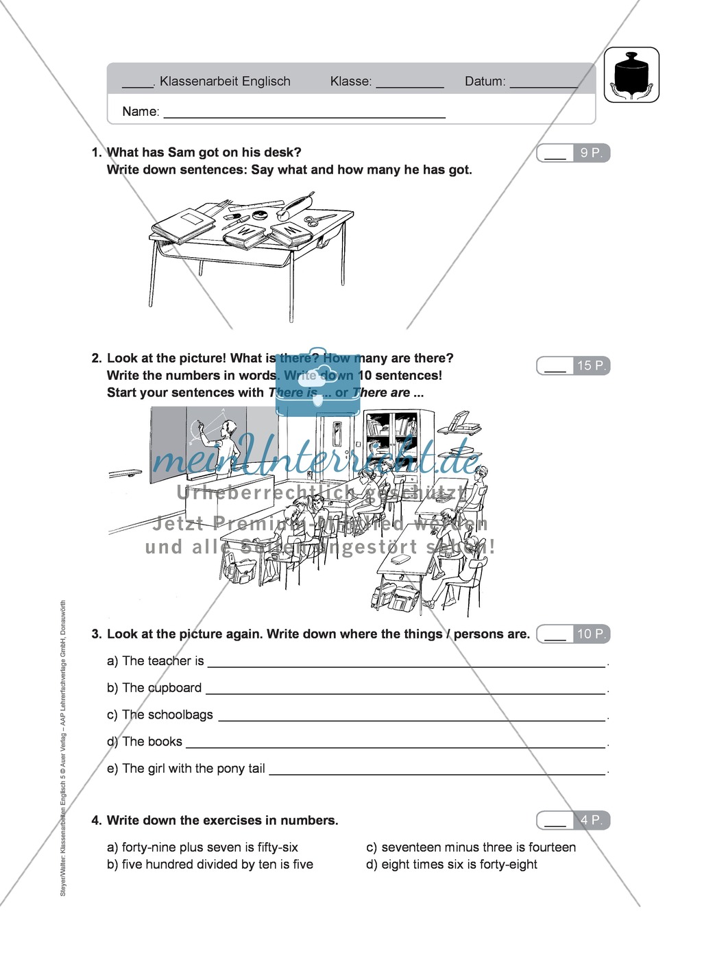 Klassenarbeit At school - schwer (1) - mit Lösungen Preview 1