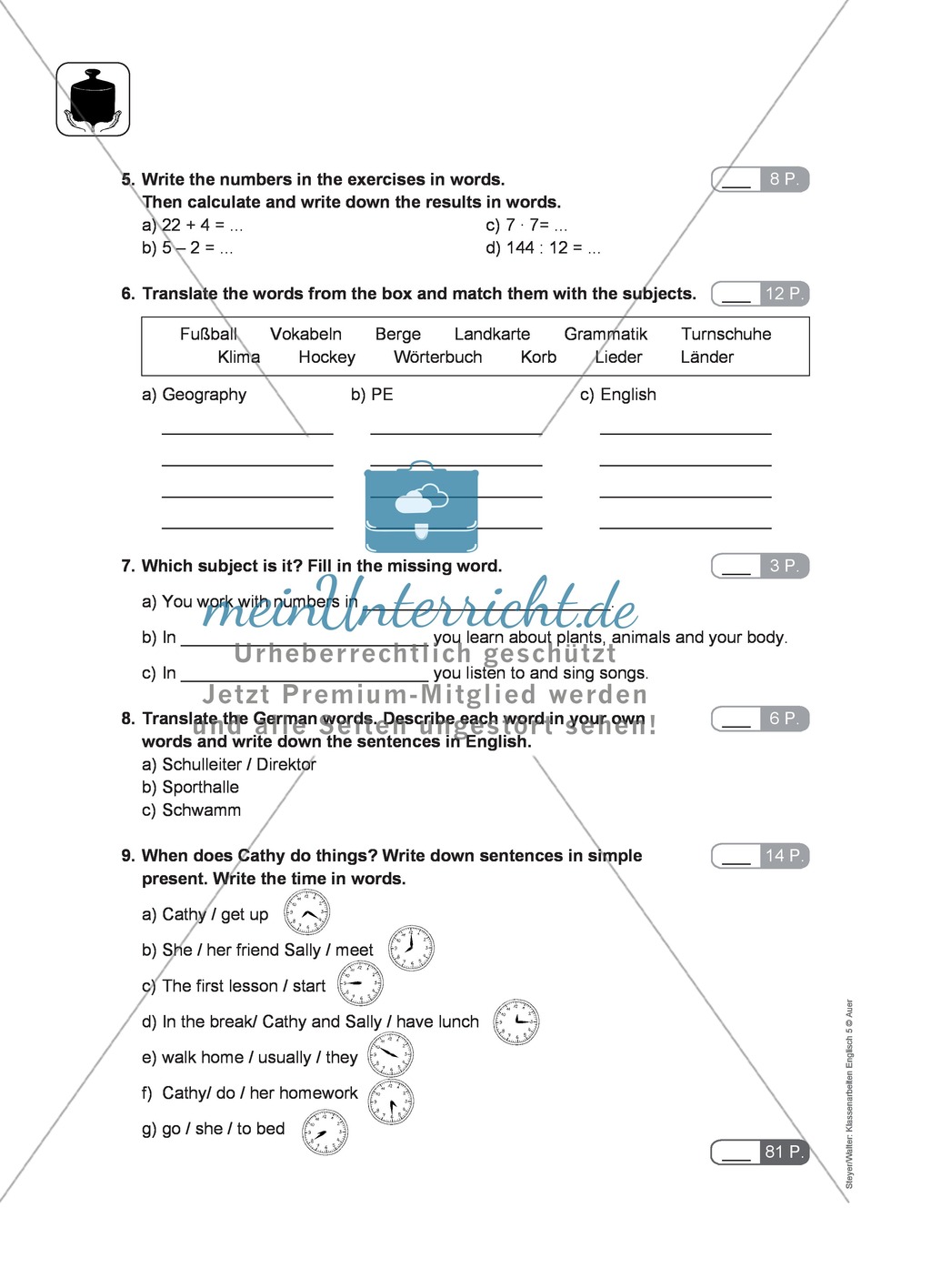 Klassenarbeit At school - schwer (1) - mit Lösungen Preview 2