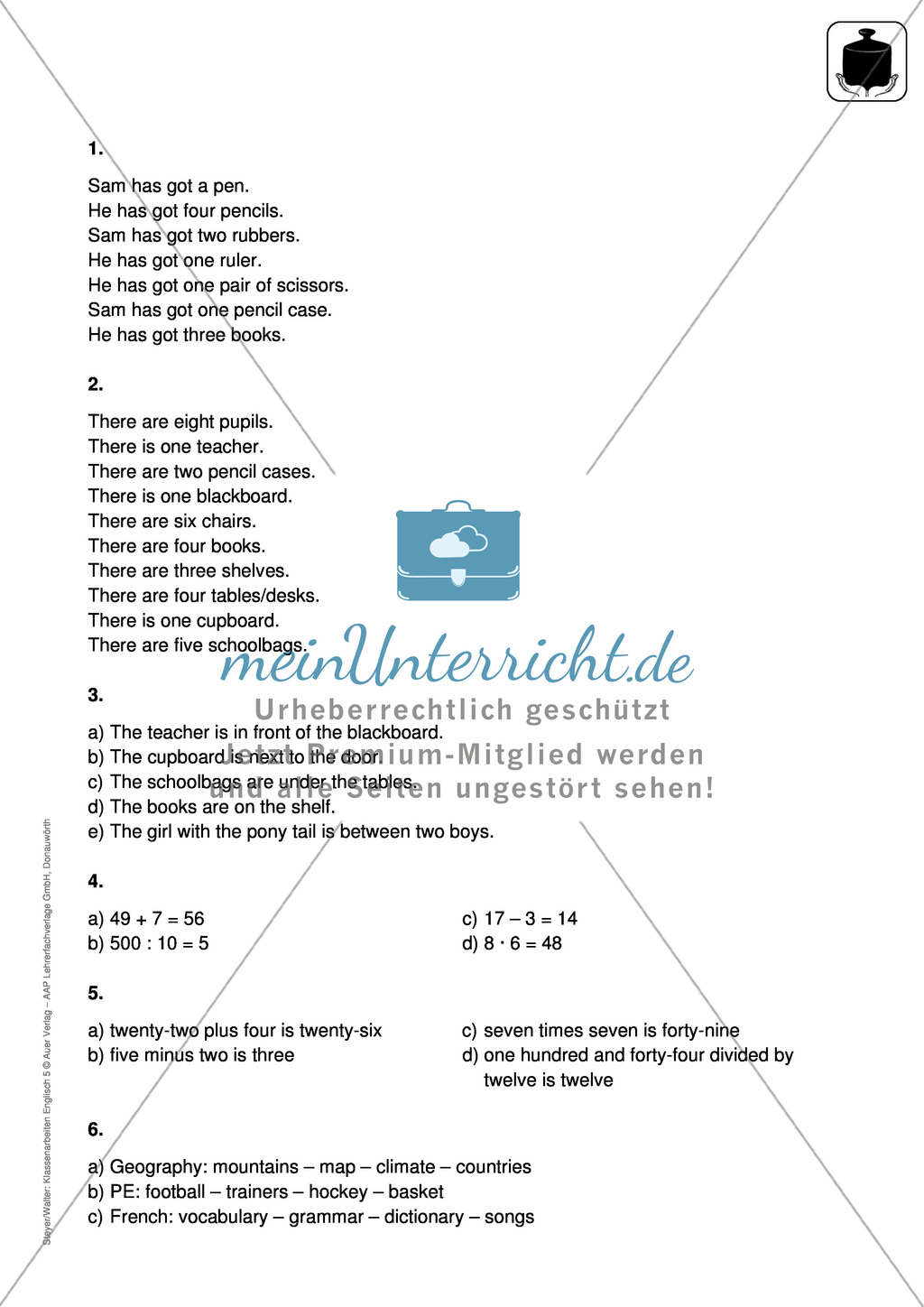 Klassenarbeit At school - schwer (1) - mit Lösungen Preview 3