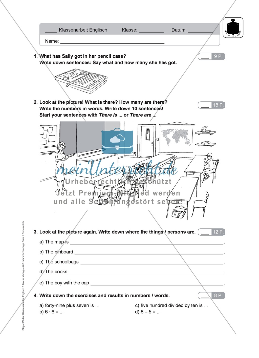 Klassenarbeit At school - schwer (2) - mit Lösungen Preview 1