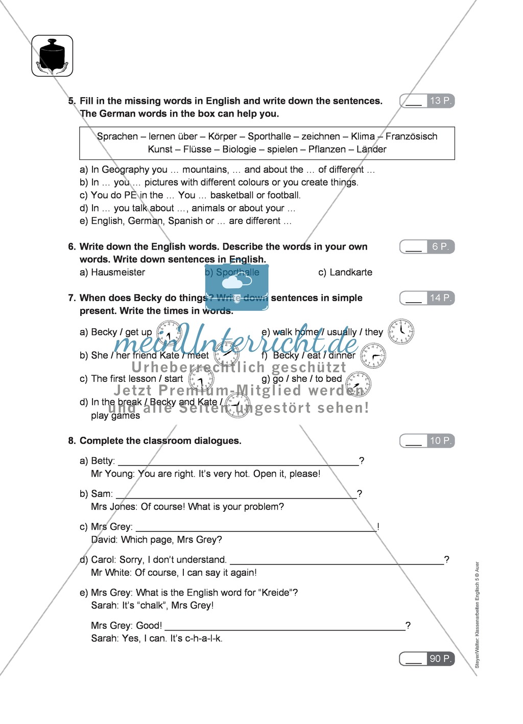 Klassenarbeit At school - schwer (2) - mit Lösungen Preview 2