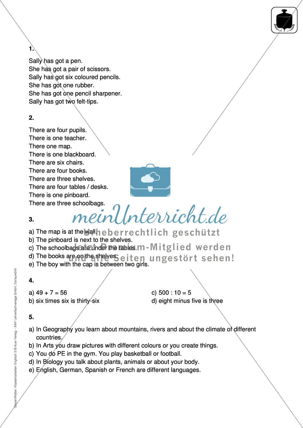 Klassenarbeit At school - schwer (2) - mit Lösungen Preview 3