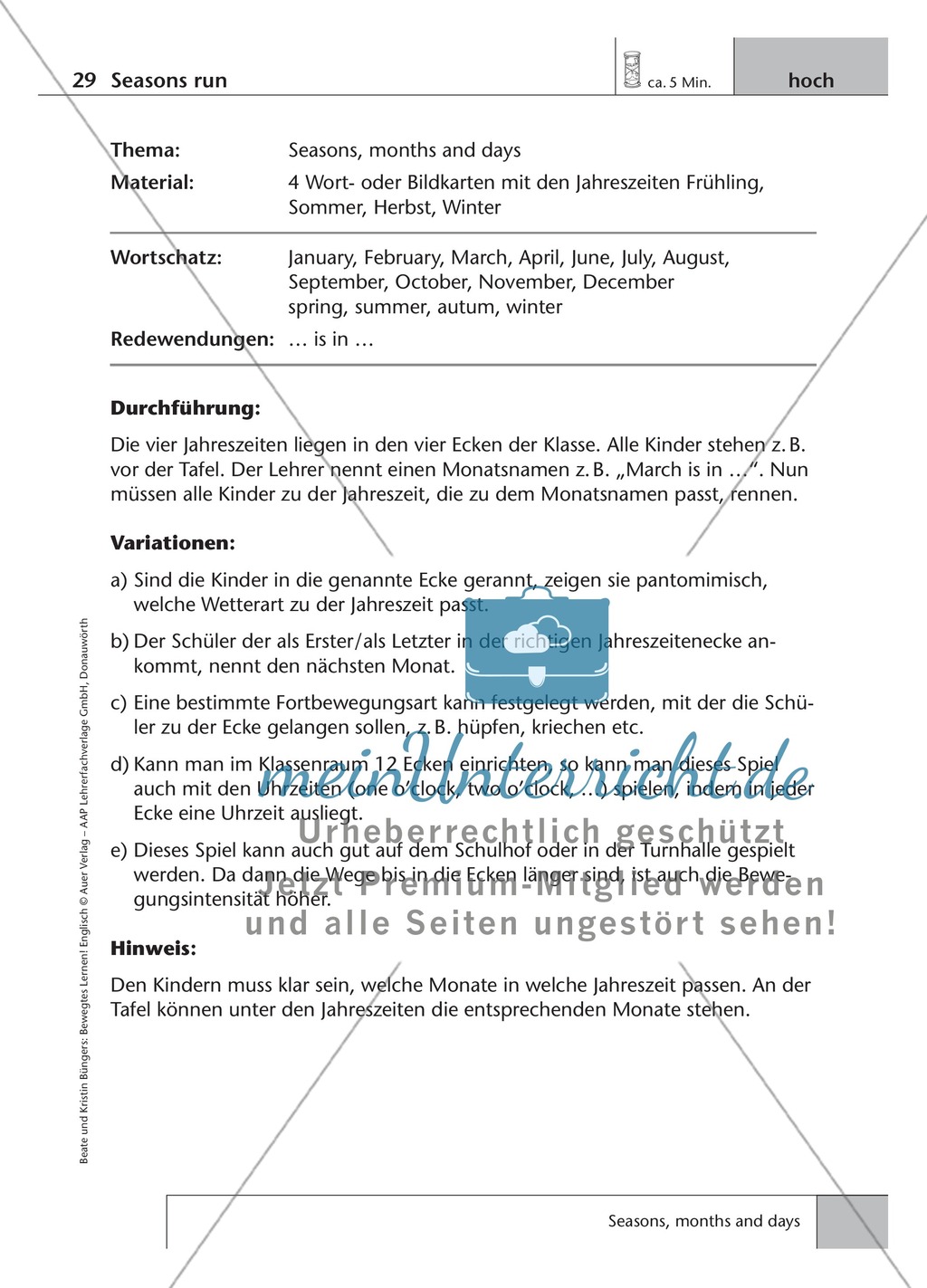 Englisch lernen mit Bewegung: Exercises on the topics: seasons + weather + special holidays + time + prepositions Preview 1