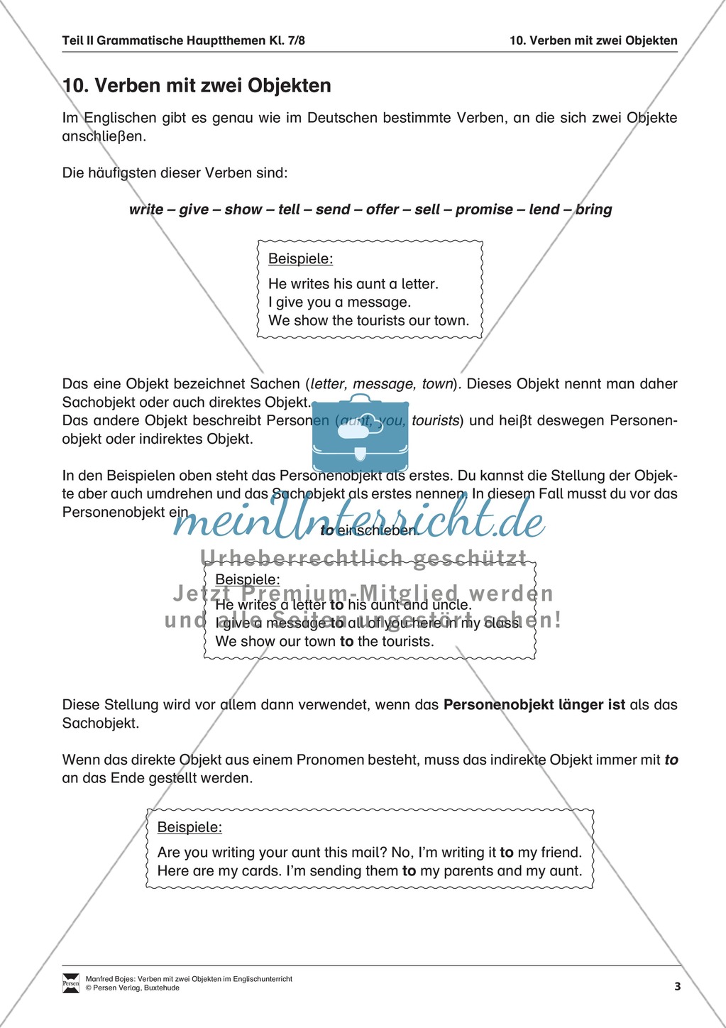 Erklärung Verben mit 2 Objekten für Schüler Preview 1