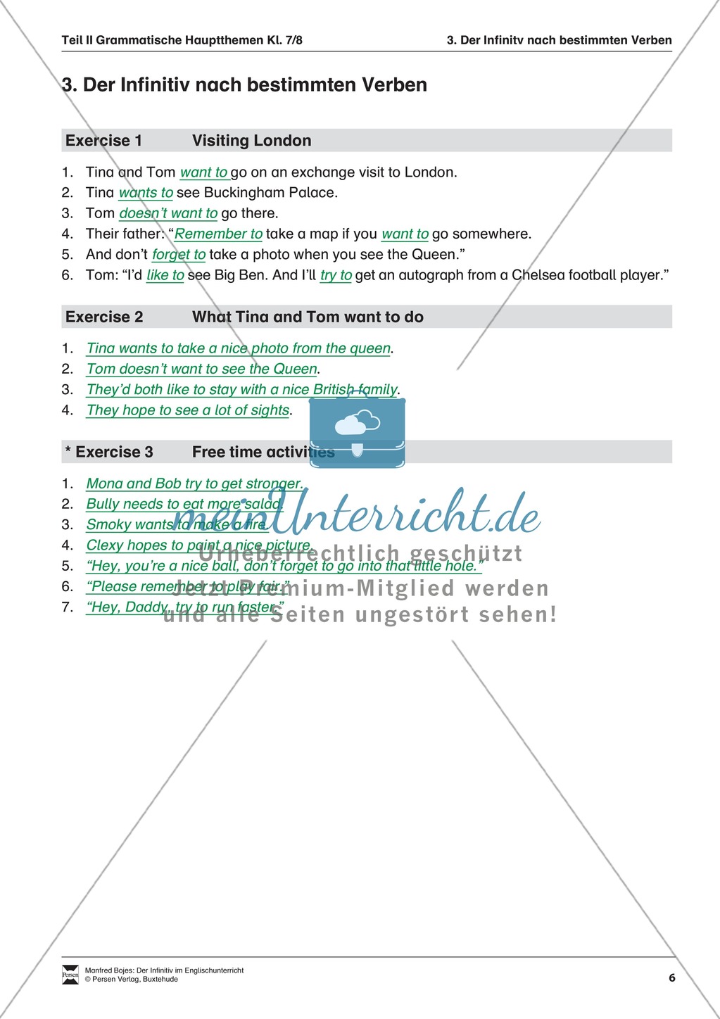 Exercises Infinitiv nach bestimmten Verben + Lösungen Preview 3
