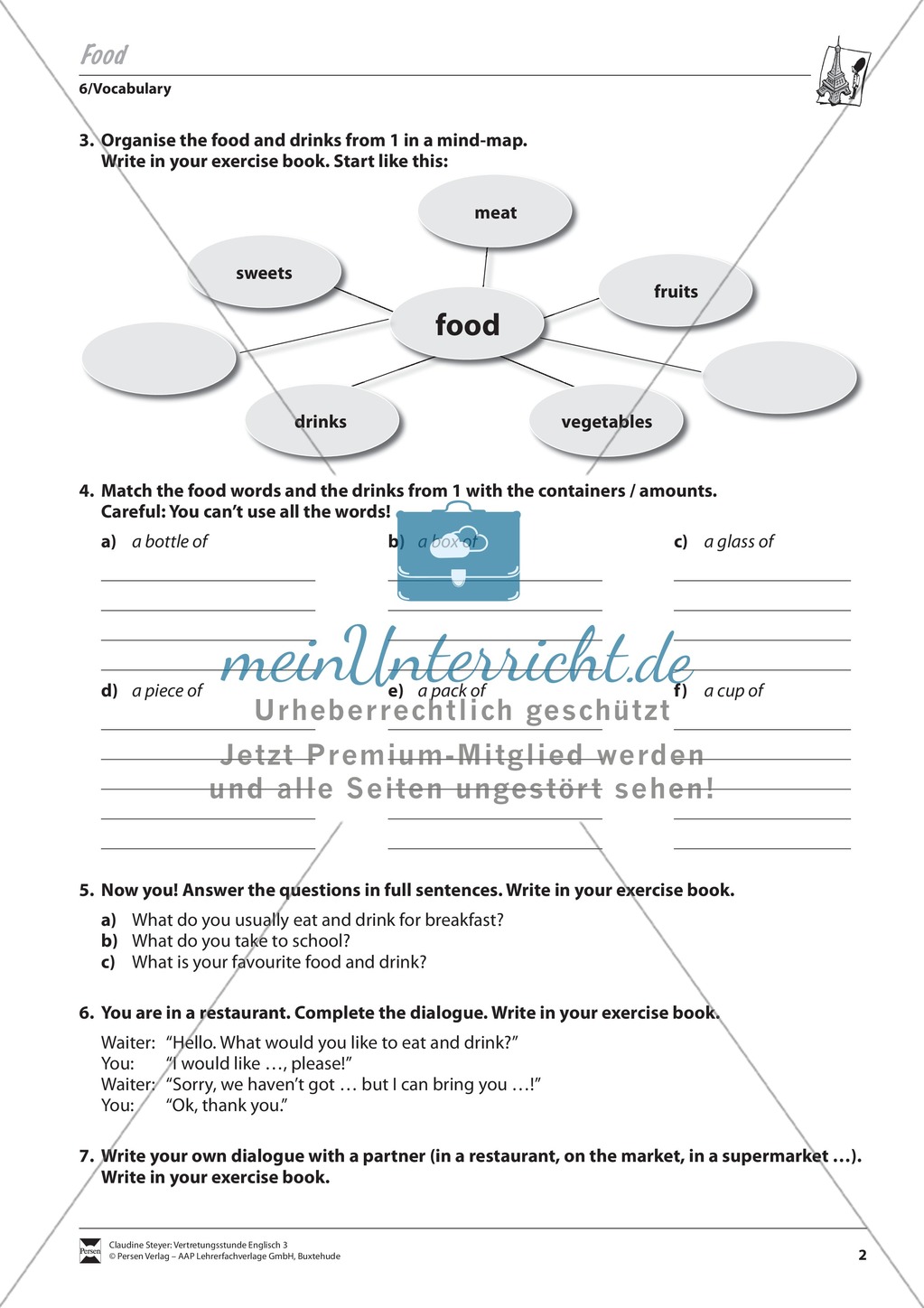 Vertretungsstunde Wortschatz: Exercises on Food + Lösungen Preview 2