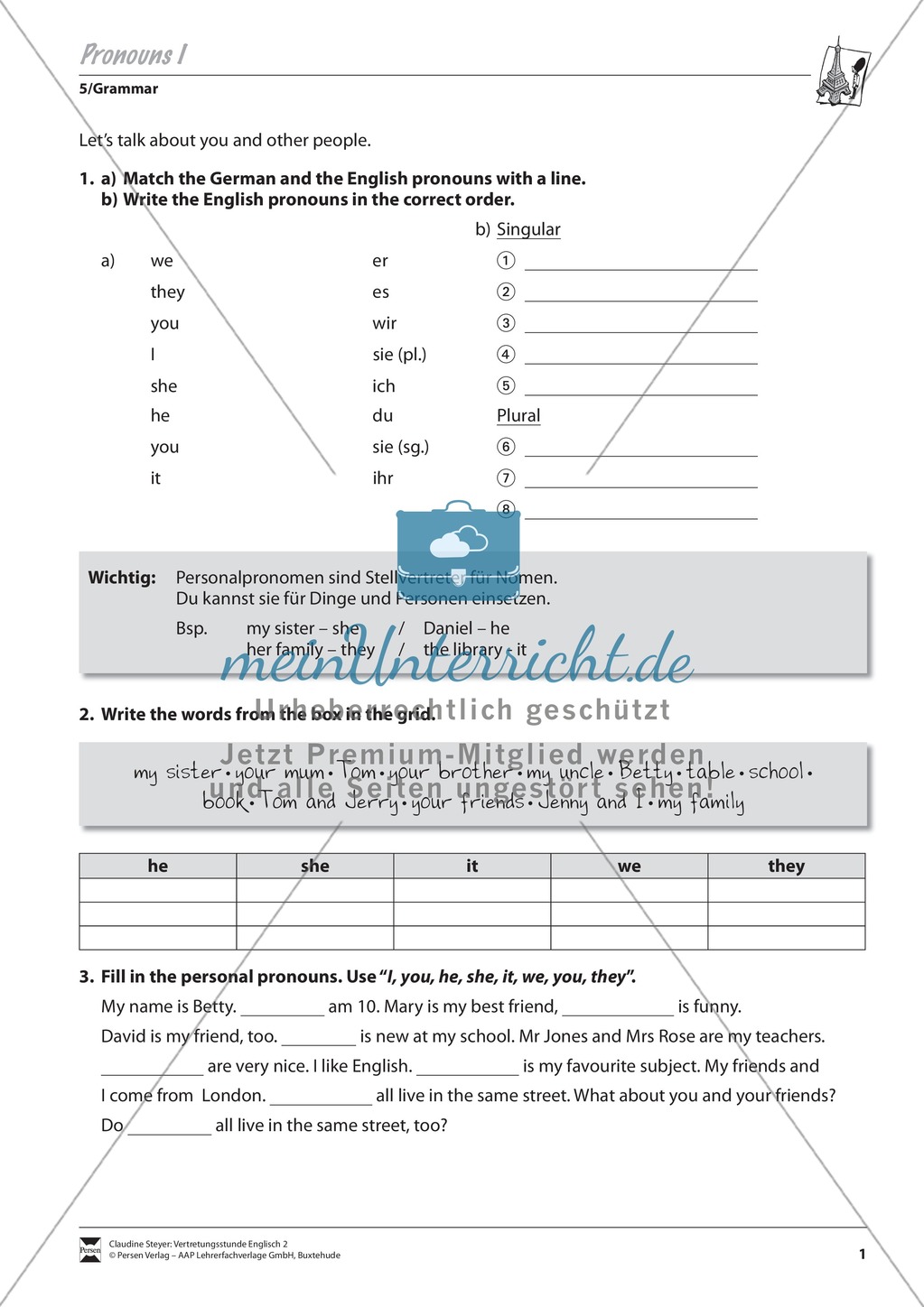 Vertretungsstunde Grammatik: Exercises on personal pronouns + Lösungen Preview 1