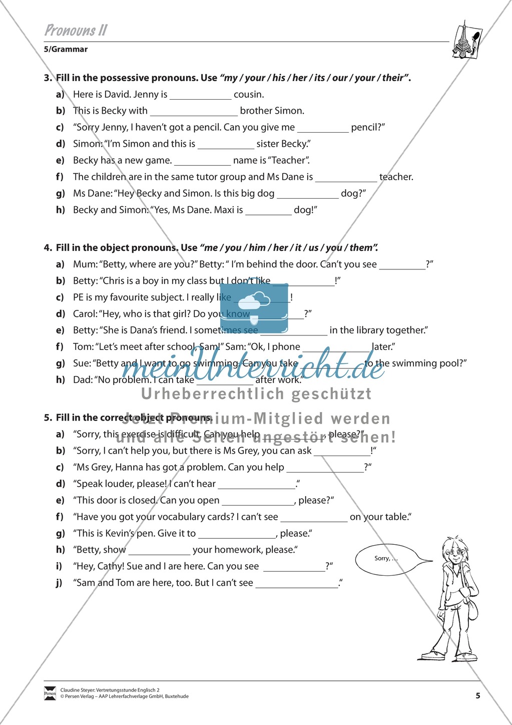 Vertretungsstunde Grammatik: Exercises on possessive pronouns + Lösungen Preview 2