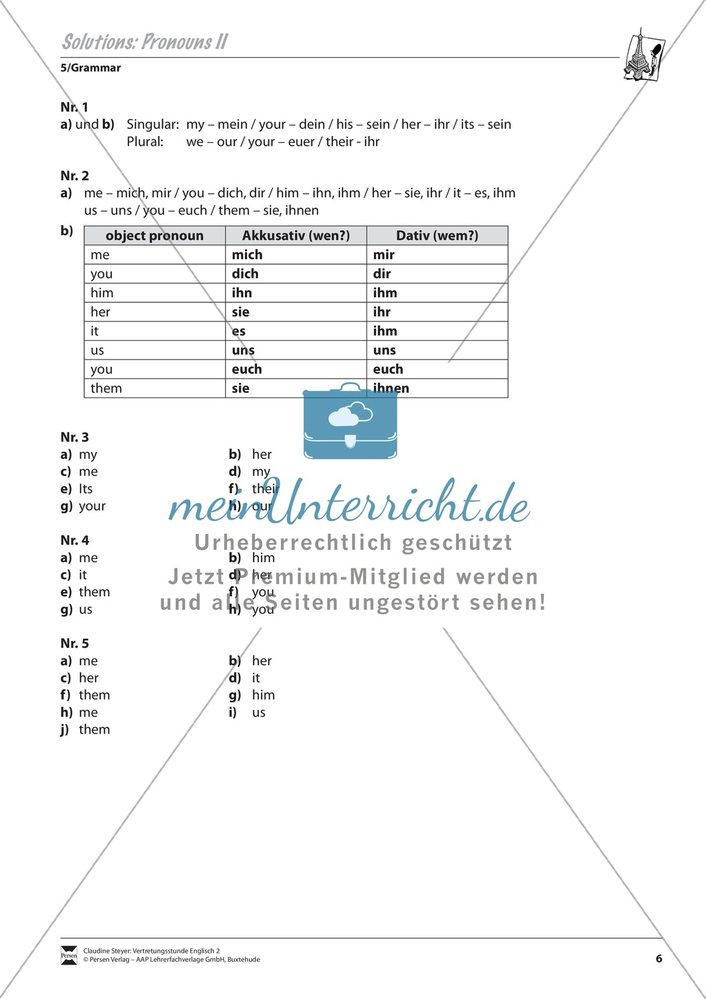 Vertretungsstunde Grammatik: Exercises on possessive pronouns + Lösungen Preview 3