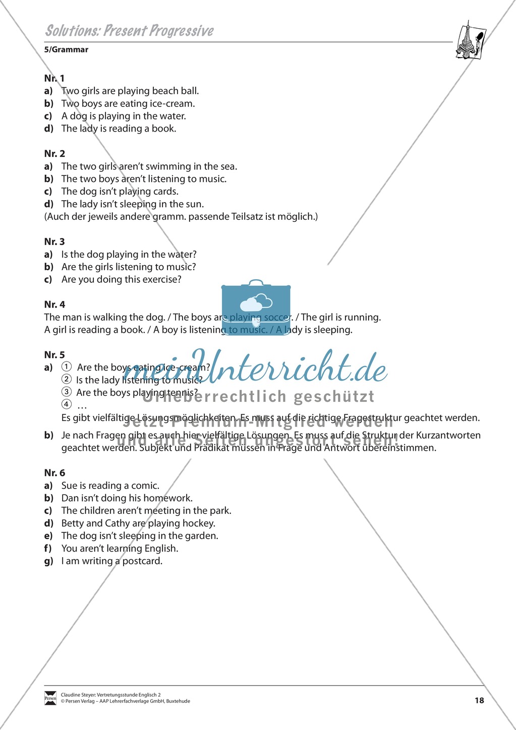 Vertretungsstunde Grammatik: Exercises on present progressive + Lösungen Preview 3