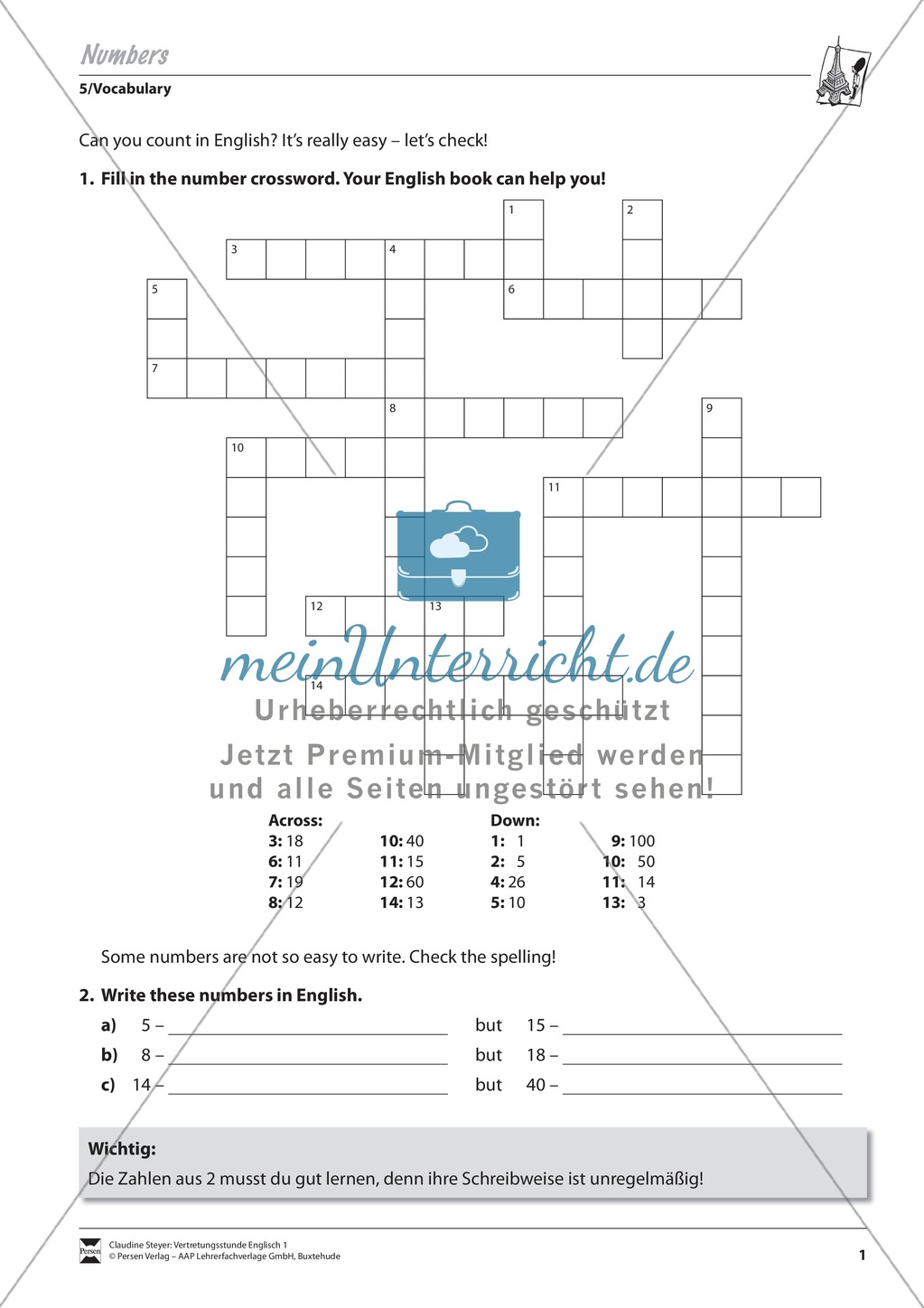Vertretungsstunde Wortschatz: Exercises on numbers + Lösungen Preview 1