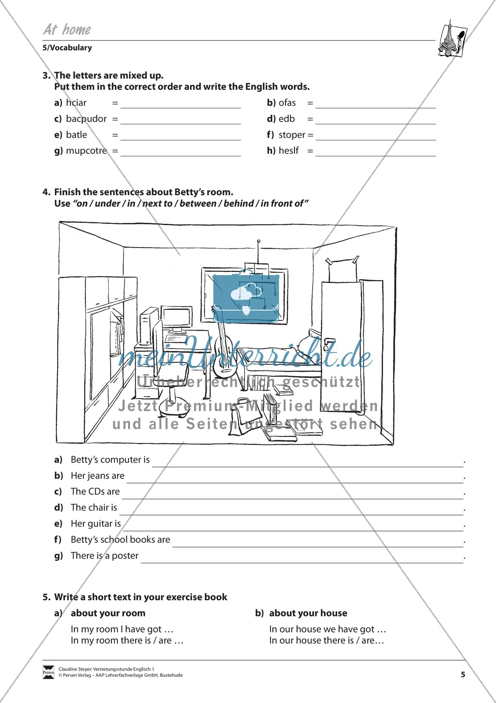 Vertretungsstunde Wortschatz: Exercises At home + Lösungen Preview 2