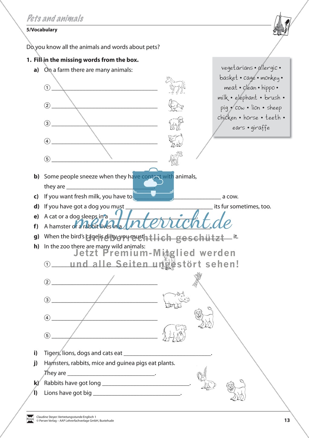 Vertretungsstunde Wortschatz: Exercises Pets and Animals + Lösungen Preview 1