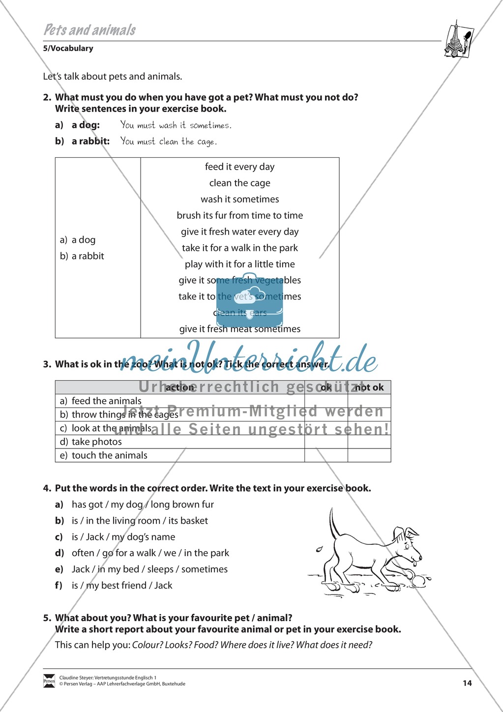 Vertretungsstunde Wortschatz: Exercises Pets and Animals + Lösungen Preview 2