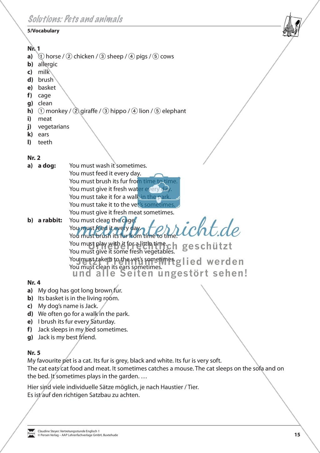 Vertretungsstunde Wortschatz: Exercises Pets and Animals + Lösungen Preview 3