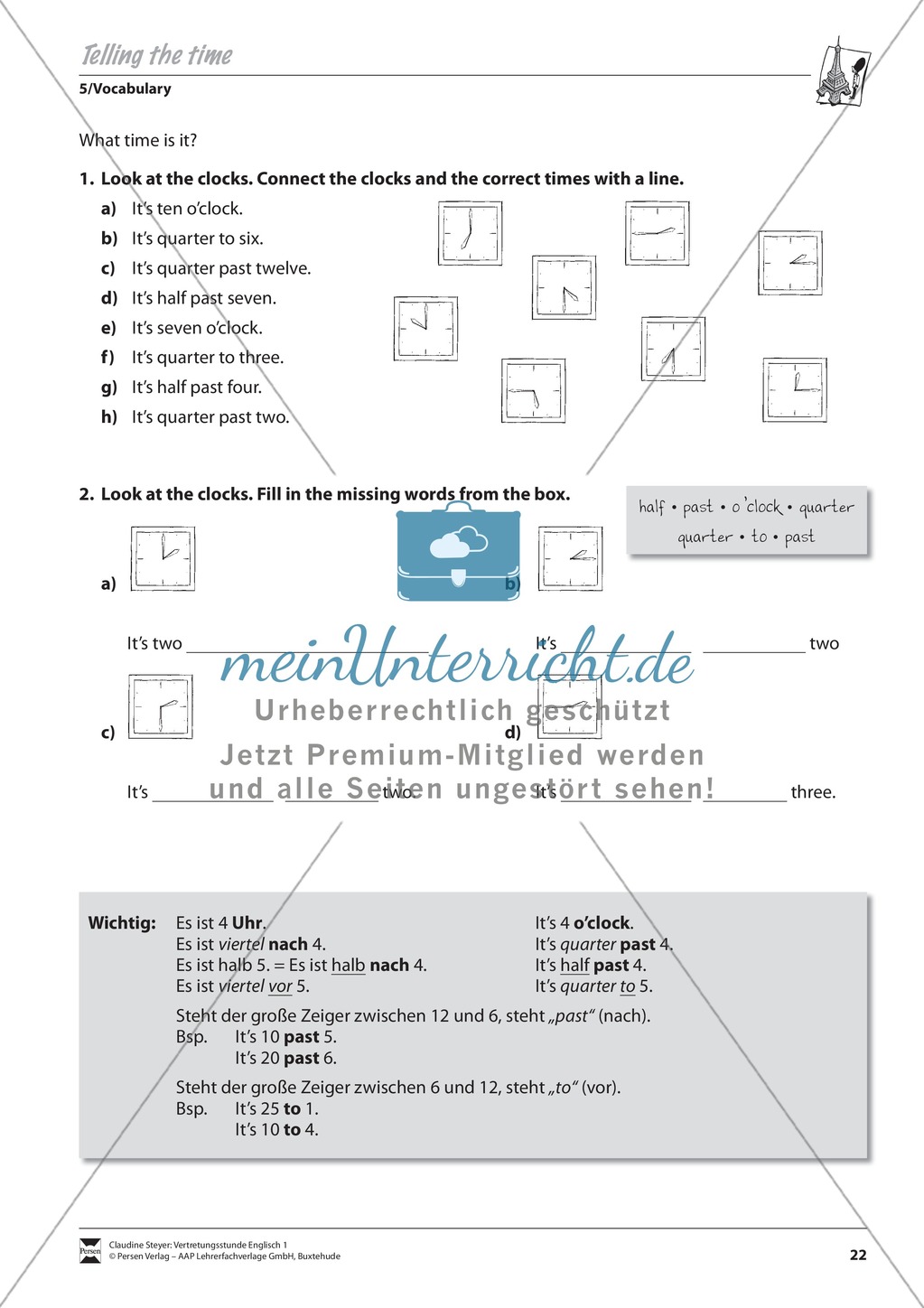 Vertretungsstunde Wortschatz: Exercises on Telling the time + Lösungen Preview 1