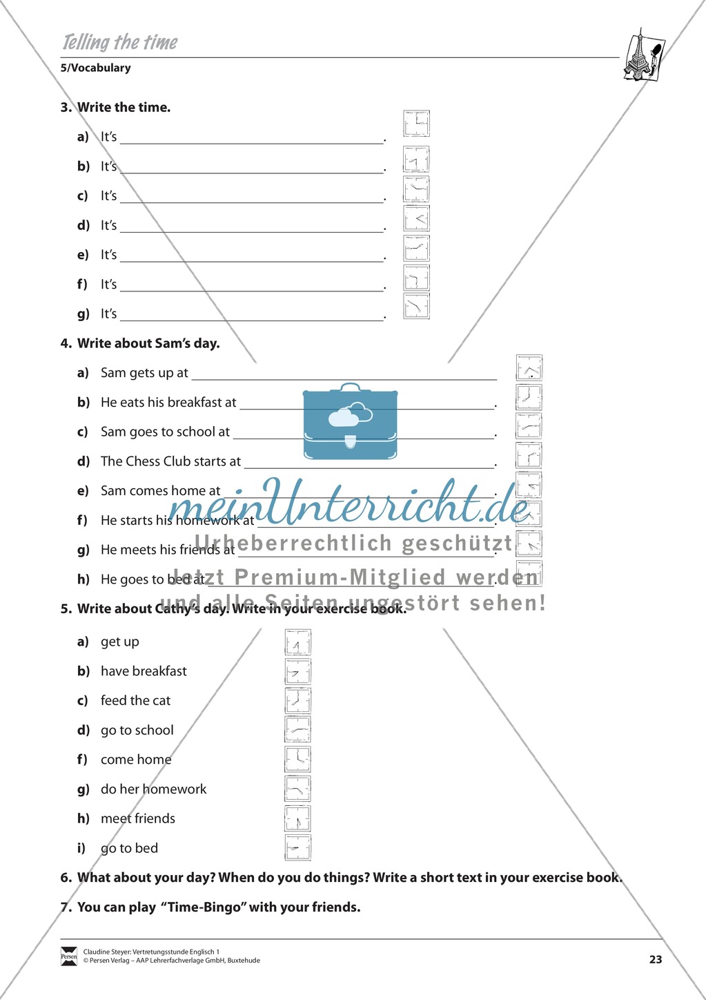 Vertretungsstunde Wortschatz: Exercises on Telling the time + Lösungen Preview 2