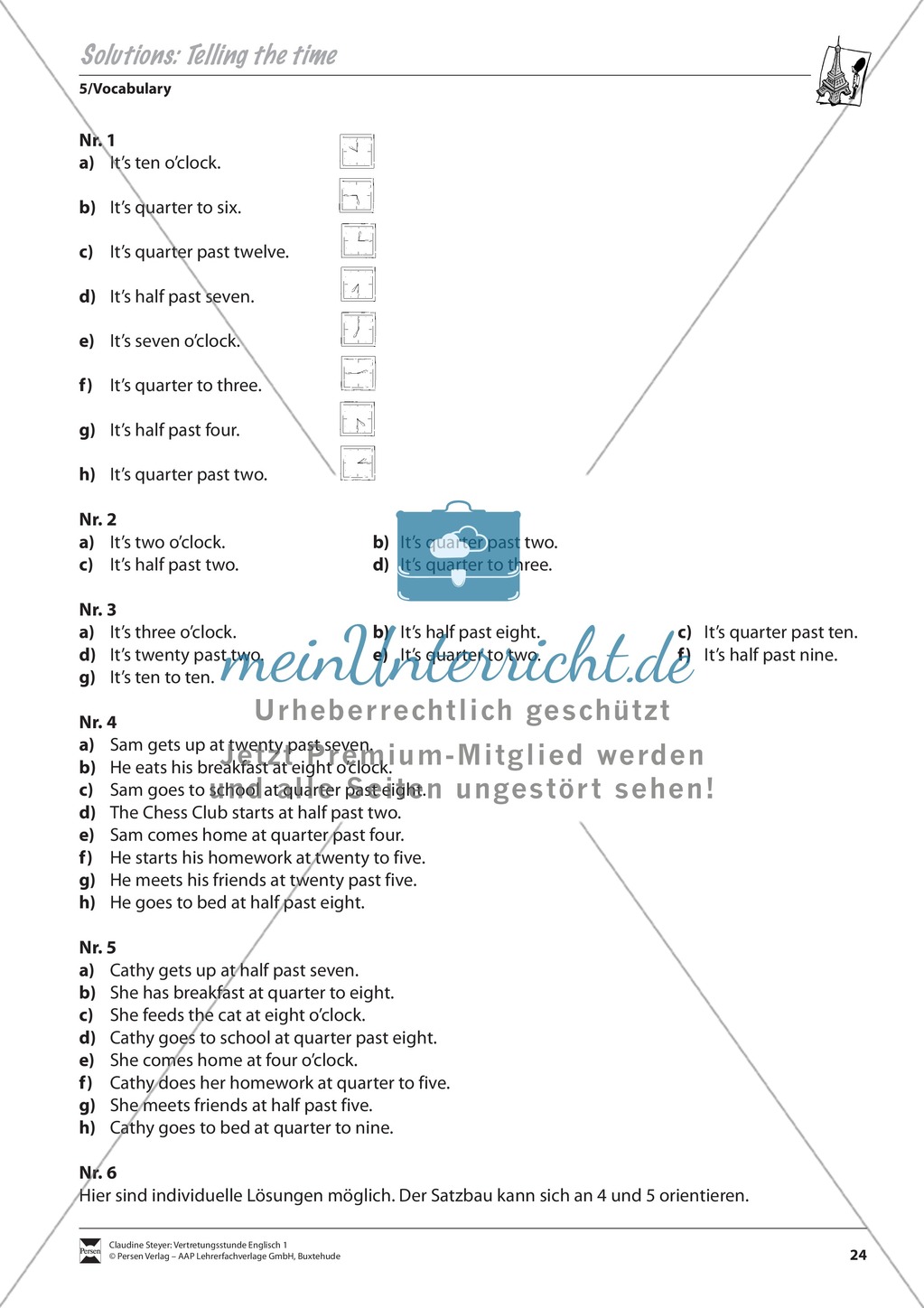 Vertretungsstunde Wortschatz: Exercises on Telling the time + Lösungen Preview 3