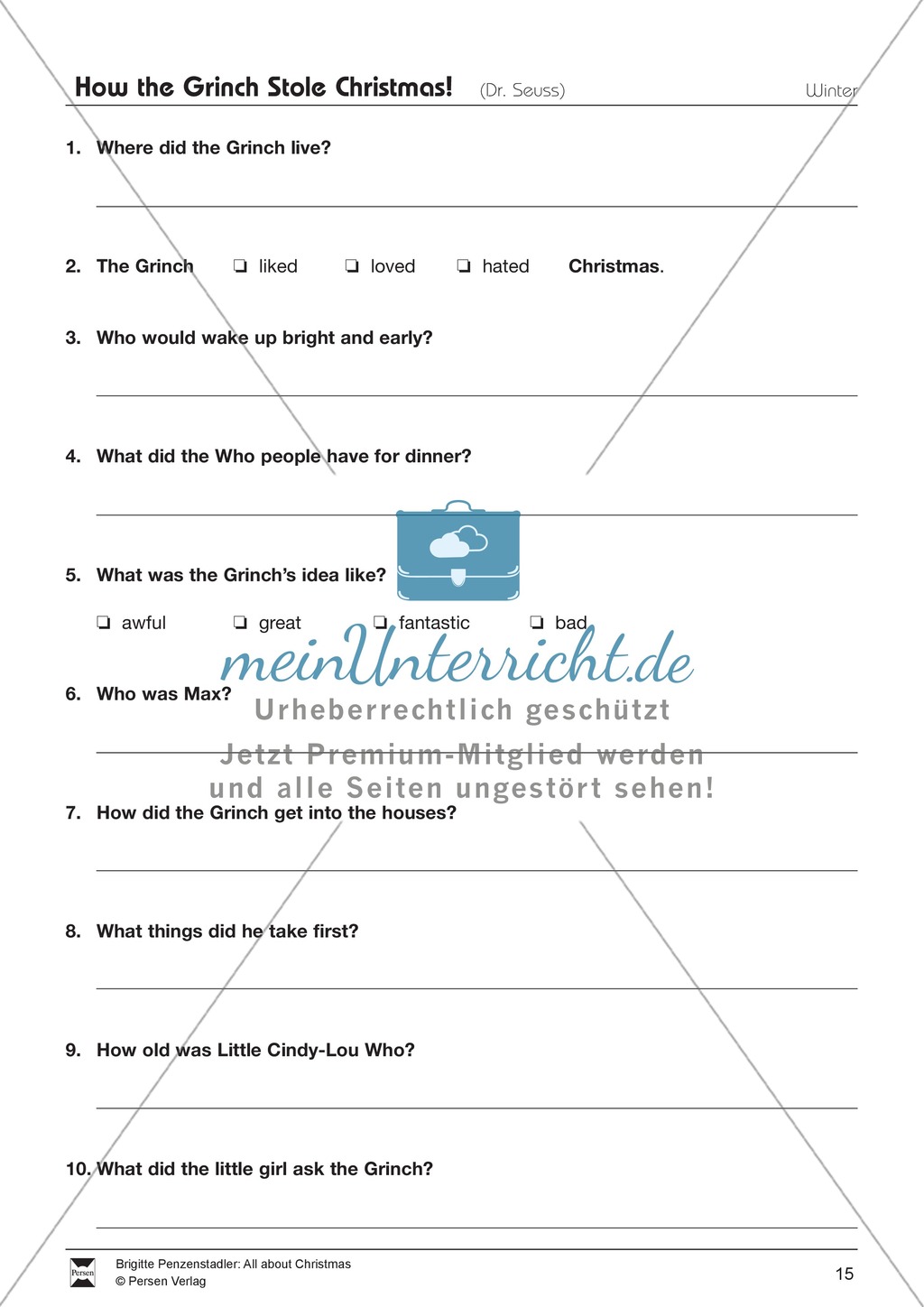 How the Grinch Stole Christmas: story and text comprehension questions Preview 4