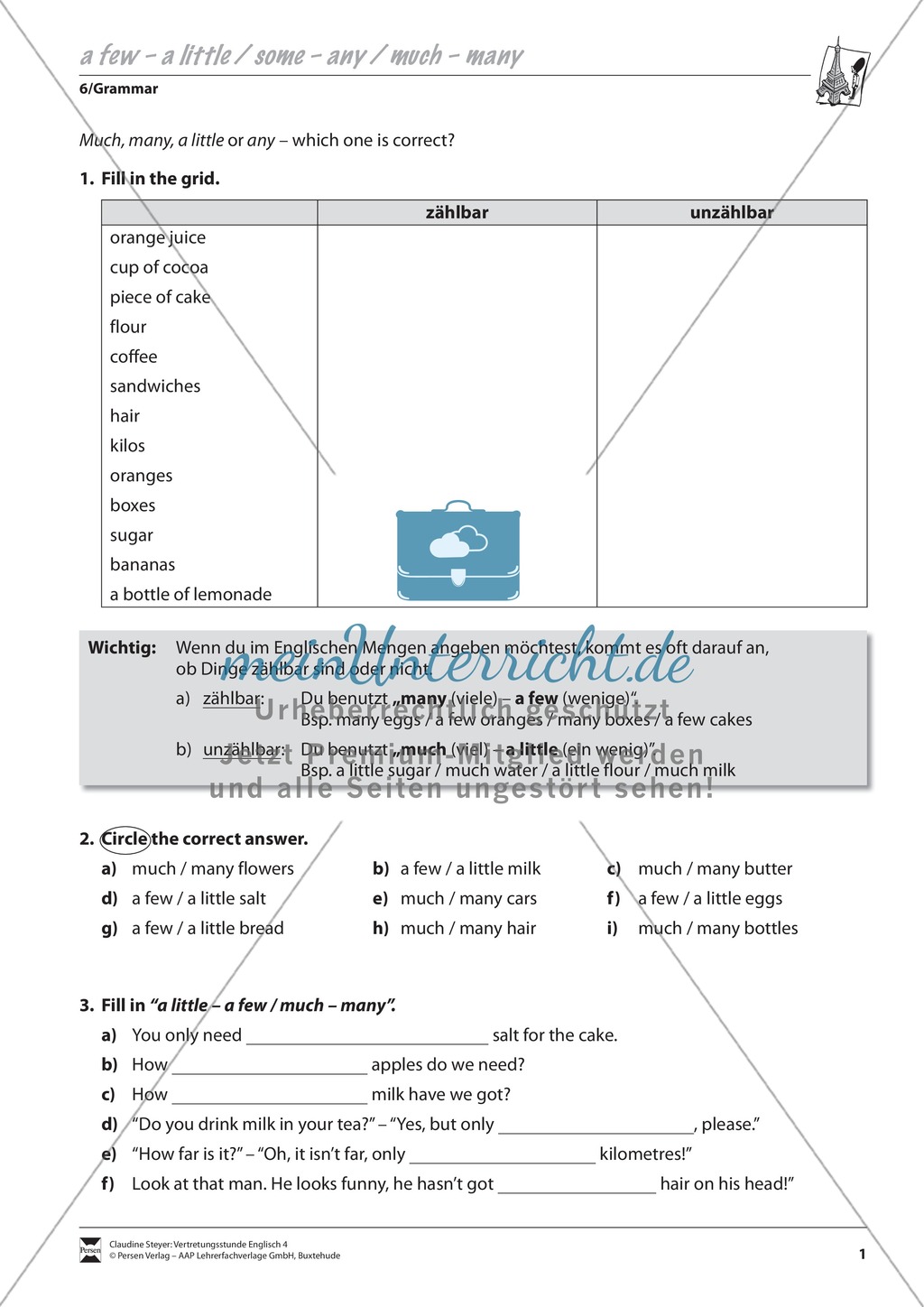 Vertretungsstunde Grammatik: Exercises on a few/a little, some/any, much/many + Lösungen Preview 1