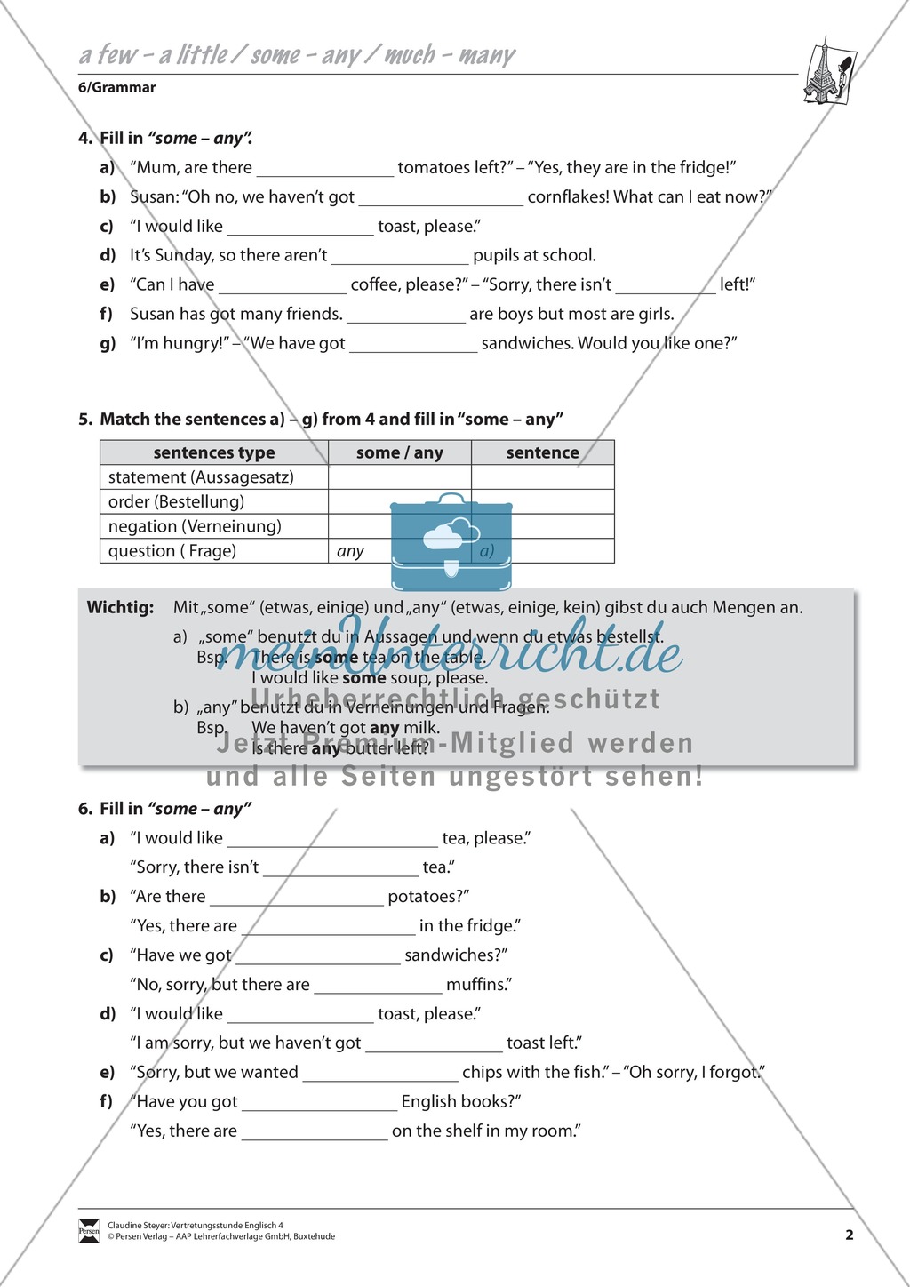 Vertretungsstunde Grammatik: Exercises on a few/a little, some/any, much/many + Lösungen Preview 2