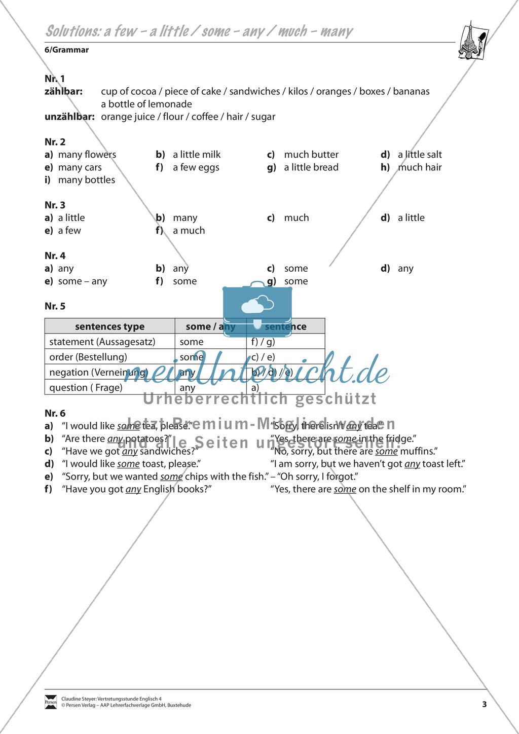 Vertretungsstunde Grammatik: Exercises on a few/a little, some/any, much/many + Lösungen Preview 3