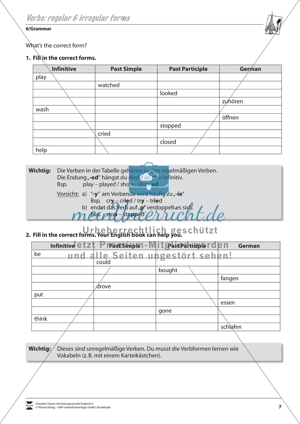 Vertretungsstunde Wortschatz: Exercises on Regular and Irregular Verbs + Lösungen Preview 1