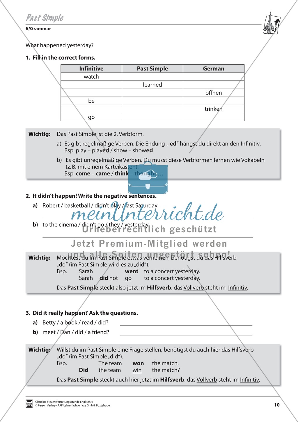 Vertretungsstunde Wortschatz: Exercises on Past Simple + Lösungen Preview 1