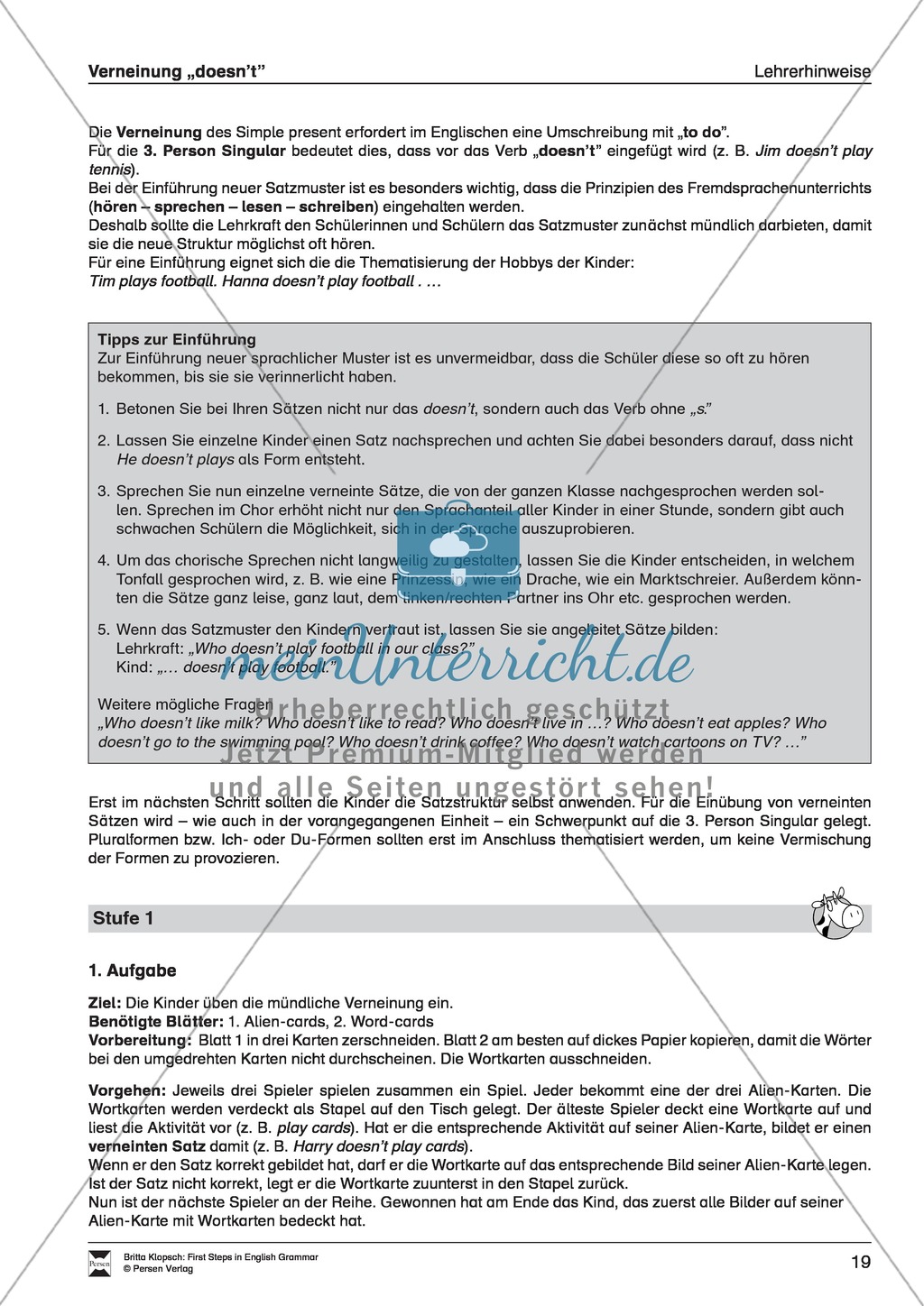 Verneinung "doesn't" des Simple Presents: Hinweise + Aufgabenstellung + Arbeitsblättern + Lösungen Preview 1