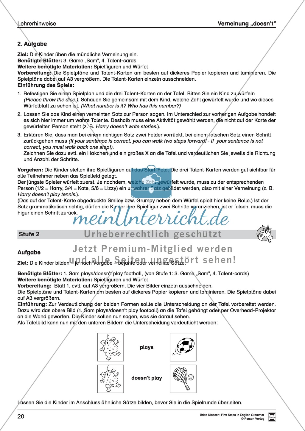 Verneinung "doesn't" des Simple Presents: Hinweise + Aufgabenstellung + Arbeitsblättern + Lösungen Preview 2