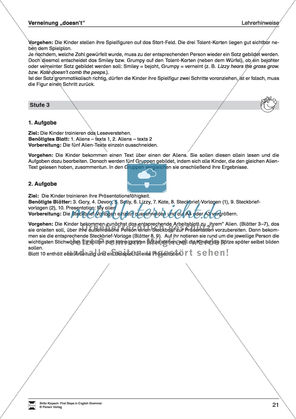 Verneinung "doesn't" des Simple Presents: Hinweise + Aufgabenstellung + Arbeitsblättern + Lösungen Preview 3